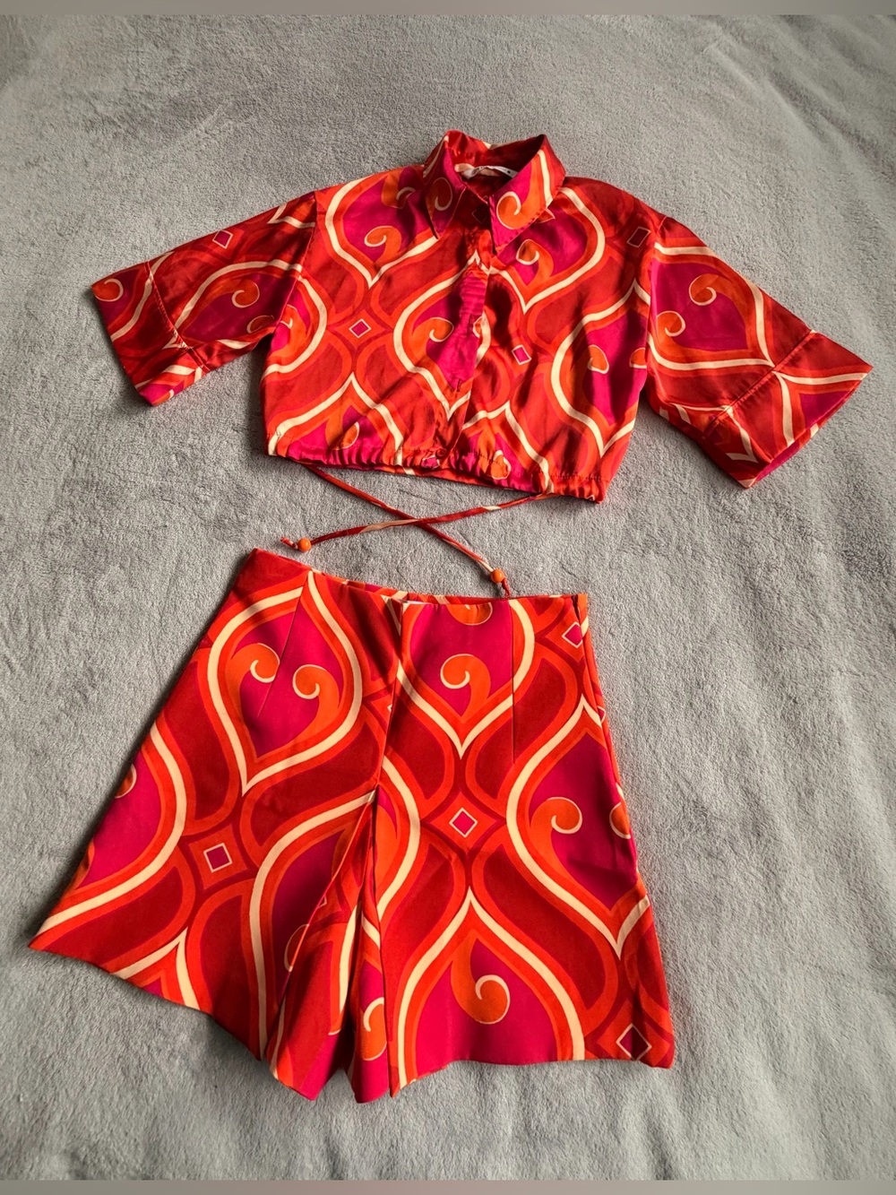 Zara Red Orange & Pink Print Blouse Top and Shorts Set Size S